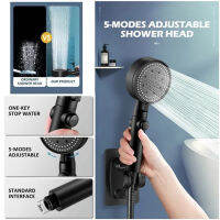 หัวฝักบัวประหยัดน้ำสีดำ5โหมดปรับฝักบัวแรงดันสูง One-Key Stop Water Massage Eco Shower อุปกรณ์ห้องน้ำ