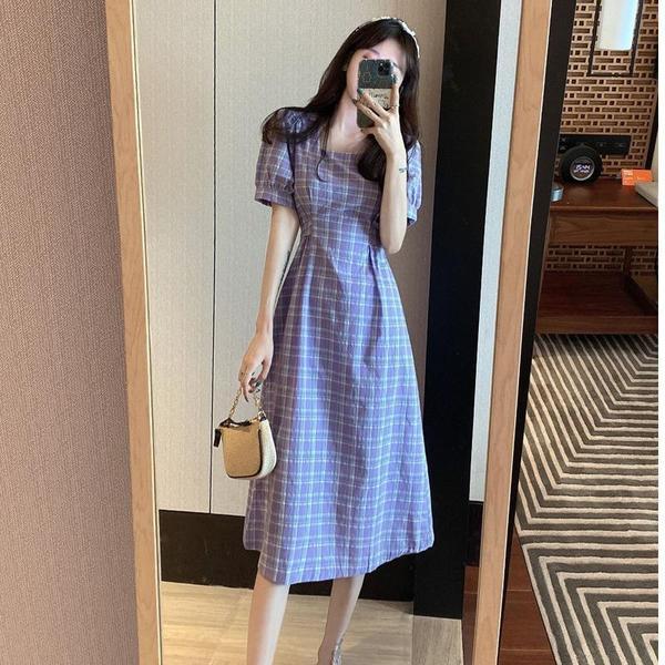 dress-for-woman-new-french-retro-skirt-temperament-square-collar-mid-length-plaid-skirt-ชุดย้อนยุคอารมณ์คอสี่เหลี่ยมกระโปรงยาวเอวแขนสั้นลายสก๊อตชุดหญิง-mtm628