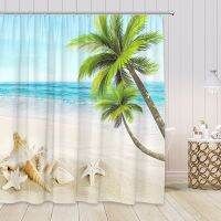 Ocean Palm Trees Shower Curtain Beach Shell Conch Tropical Hawaii Natural Scenery Polyester Fabric Bathroom Decor Set with Hooks