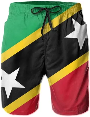 Mens Swim Shorts Saint Kitts And Nevis Flag Quick-Dry Swim Trunk, Mens Swim Shorts With Mesh Lining