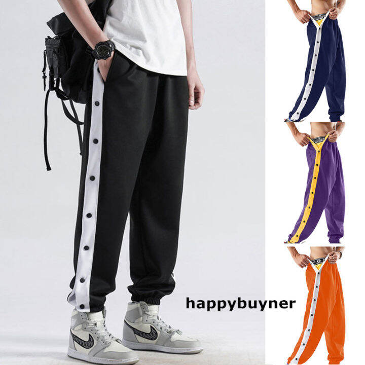 Happybuyner Men Pants Loose Fit Basketball Pants High Split Snap Button
