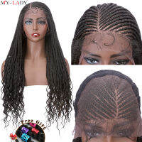 My-Lady สังเคราะห์28 Cornrow ids ลูกไม้ Wigs Curly Ends กล่องถักลูกไม้ด้านหน้าวิกผมผมเด็กหน้าผาก Afro วิกผมของขวัญฟรี ~