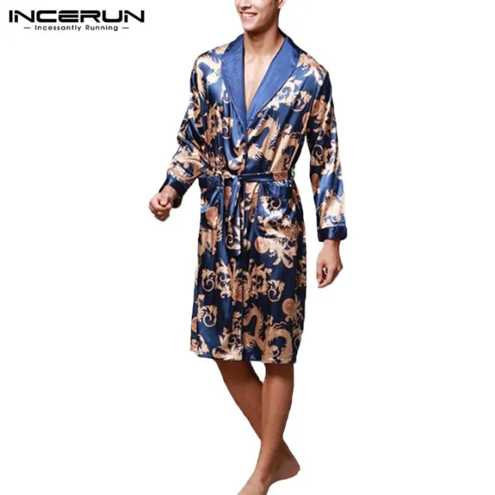 HOT★ INCERUN Mens Satin Silk Summer Kimono Bathrobe Robe Dressing Gown ...