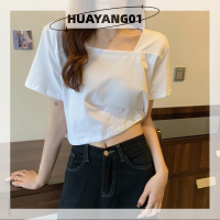 HUAYANG01 2023แฟชั่นสุดฮอตใหม่เสื้อแขนสั้นมีปกผู้หญิง,เสื้อครอปเสื้อยืดแบบหลวมลำลองสีทึบฮอตสวีทสำหรับฤดูร้อน