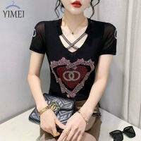 YIMEI เสื้อยืดผู้หญิงลายกวางโจวสวยๆ,เสื้อยืด2023ฤดูร้อนใหม่เสื้อตาข่ายผ้าไอซ์ซิลค์สองชั้นใส่ได้หลากหลายงานหัตถกรรมเพชร