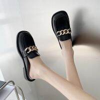 ☢❧ Women 39;s Mules Shoes 2023 Spring Summer New Metal Chain Low Heeled Women Slippers Flats Tip Binding Comfort Slip on Ladies Shoes