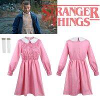 Stranger Things 3 Cosplay Eleven Pink Dress Superpower Girl Costume Navy Collar Sweet Mid Dress Pleated Skirt Girls Blouse Womenชุดเดรสแขนยาว เครื่องแต่งกายคอสเพลย์