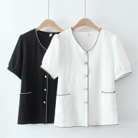 【มีไซส์ใหญ่】Plus Size V-neck Elegant Tops Women White Black A-line Blouse Simple Officewear Summer Blusas