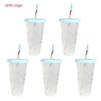 1/5PCS Straw Cup With Logo And Scale Reusable Colour Cup Magical Plastic Cold Water Color Changing Cup Tumbler Discoloration