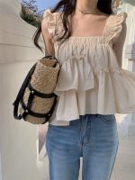 ⊕☂✓ 64282 Summer New Style French Vintage Irregular Small Flutter Sleeve Sling Shirt