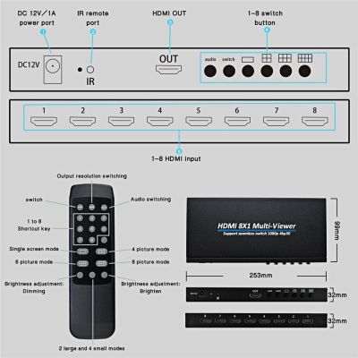 Navceker HDMI รองรับมัลติวิวเวอร์4K 4 In 8 In 1 Out 1080P Quad Screen ช่องมองภาพหลายช่อง HDMI สวิตช์ไร้รอยต่อพร้อม IR