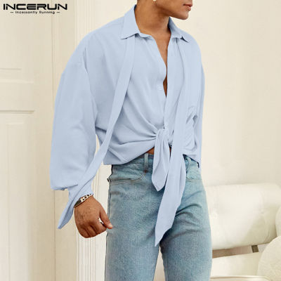 ริบบิ้นแขนยาวสำหรับผู้ชาย INCERUN เสื้อทรงหลวมเสื้อเบลาซ์สีพื้นวินเทจเรียบง่ายลำลอง (สไตล์ตะวันตก)