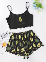 New Style Lady Summer Cartoon Avocado Print Camisole With Shorts Pajama Set Fashion Comfort INS Home Wear Sleepwear Underwear