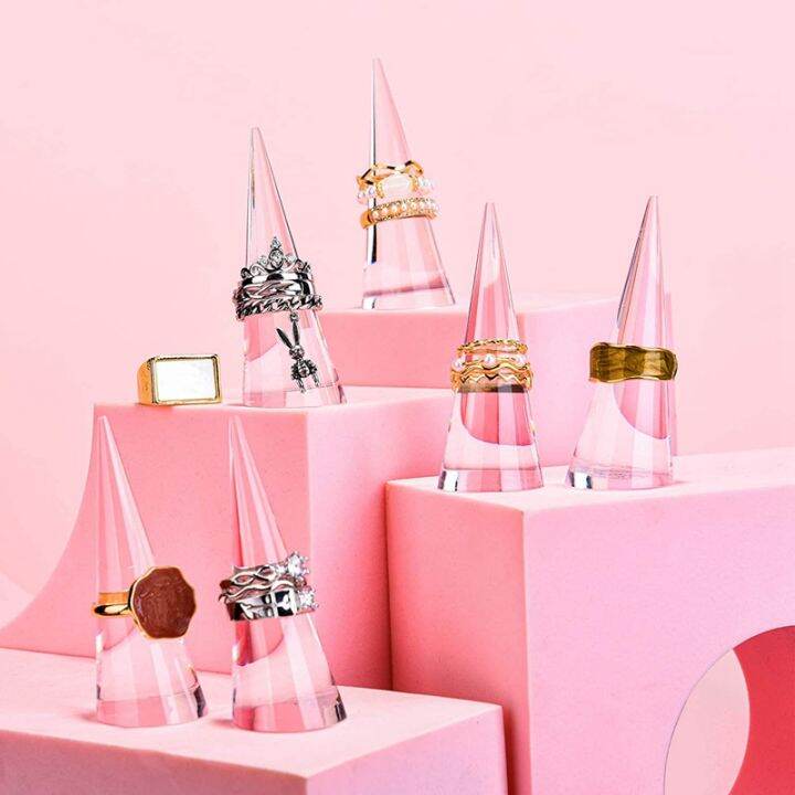 pink-memory-6pcs-acrylic-crystal-ring-holder-wedding-ring-display-cone-support-holder-single-finger-rings-showcase-stand