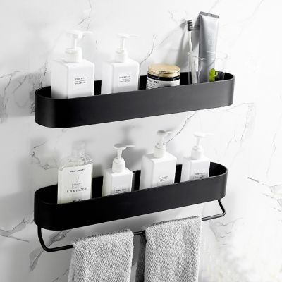 Shower Caddy Black Bathroom Shelf with Bar 304050cm Kitchen Balcony Floating Shelves Basket Bath Storage Rack Towel Bar