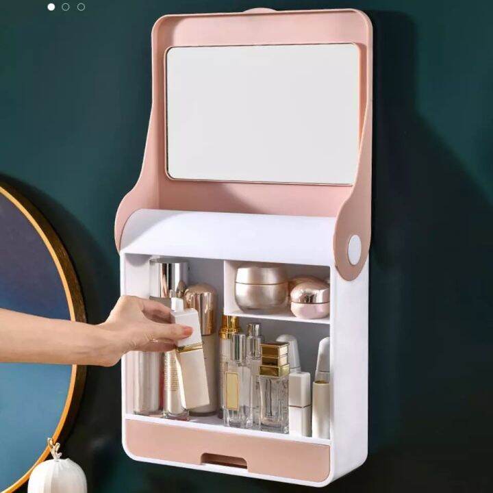 TJA Wall Mounted Cosmetic Box With Mirror Large Capacity Storage Box
