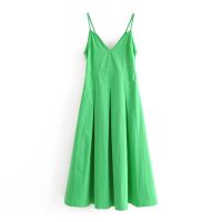 ZZOOI Aachoae Sexy Spaghetti Strap Deep V Neck Party Dress Solid Backless Pleated Midi Dresses Side Zipper Green Beach Dress Summer