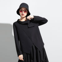 Irregular Patchwork T-Shirt Women New Lapel Long Sleeve Fashion Temperament Casual Loose Tshirt Tops Clothes 2021 Spring Autumn