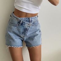 Women Denim Shorts New Casual Oblique Waist Fringe Package Hip Straight Jeans Female Sexy Sheath Solid Washed Pants Girls Summer