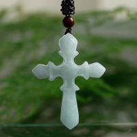 Burma Jades Cross Pendant Necklace Men Women Jade Stone Lucky Amulet Hand-Carved Jadeite Myanmar Emerald Cross Charms Necklaces