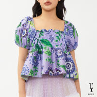 [EXCLUSIVE] TandT - "NANA" FLORAL BLOOMING PRINTED PUFF SLEEVES PEPLUM TOP เสื้อคร๊อปตัวสั้น แขนพอง ต่อรูดระบายใต้อก สม็อคช่วงอก พิมพ์ลายดอกไม้สีม่วง