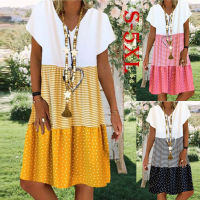 Vintage Ruffles Strip Swing ผู้หญิงหลวม Dot พิมพ์ Patchwork ฤดูร้อน Boho Casual Party Beach Dresses Plus ขนาด Vestidos