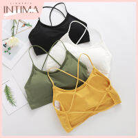 INTIMA เสื้อครอปสำหรับผู้หญิงเซ็กซี่สวยส่วนบนหน้าอกสายไขว้คู่เสื้อยกทรงยกกระชับไร้รอยต่อกับแผ่น