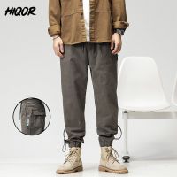 HIQOR 2023 New Autumn Trousers Fashion Straight Casual Mens Baggy Overalls Work Pantalones Harem Elastic Waist Pants Grey Khaki