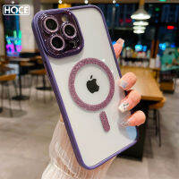 HOCE ไร้สายแม่เหล็กติดเพชรกากเพชรใสชาร์จได้เคสสำหรับไอโฟนโทรศัพท์11 12 13 14 15 Pro Max 15 Plus Magsafe เคสแก้วโปร่งใสเลนส์กันกระแทก