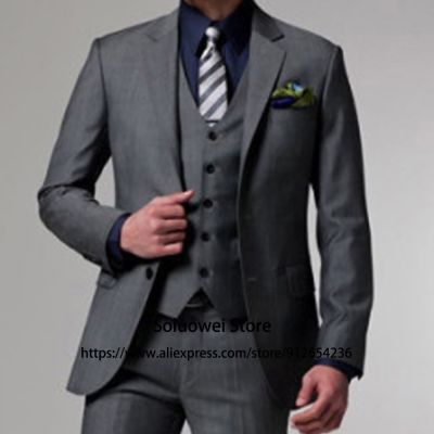 Classic Grey Slim Fit Men Suits For Groom Wedding Prom Tuxedo 3 Piece Jacket Vest Pants Set Formal Business Blazer Costume Homme