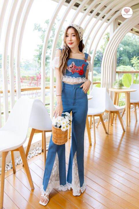 cassia-denim-set-เซ็ตกางเกงยีนส์สุดน่ารัก-ตัดต่อกับผ้าลูกไม้ลงตัว-สวย-หวาน-เซ็กซี่ใส่ง่าย-ช่วงอกเป็นงานปักลายน้องแมว