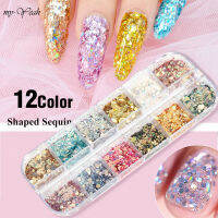 Myyeah 12กริด/กล่องเล็บหกเหลี่ยม Glitter ไม่สม่ำเสมอหลายขนาด UV Gel Fairy Sequins DIY ออกแบบอุปกรณ์แต่งเล็บ