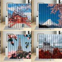 Japanese-Style Cherry Blossom Shower Curtain Retro Architecture Mount Fuji Pink Flower Iron Tower Printing Bathroom Curtains Set