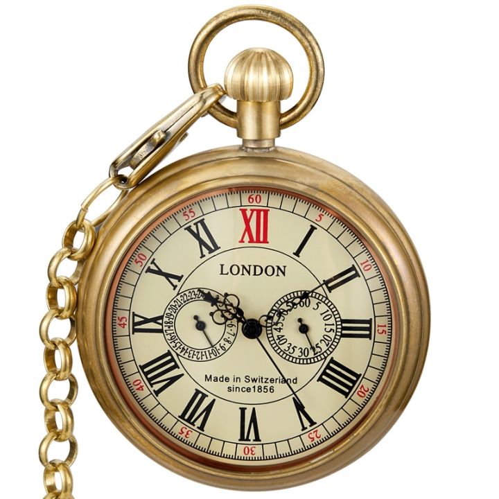 นาฬิกาโบราณมีกระเป๋าไขลานและสายโซ่30ซม-ทำจากทองแดงแบบโบราณลอนดอน1856นาฬิกาพก