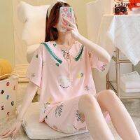 ；【‘；- Cotton Doll Collar Pajamas Set Sleep Suit Printing Nightwear Summer Short Sleeve Homewear Loose Pj Suit Flower Japanese Style