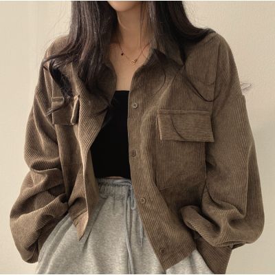 [Spot] Korean French style vintage single-breasted lapel corduroy shirt long sleeve coat female fashion 2023