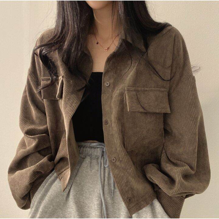 spot-korean-french-style-vintage-single-breasted-lapel-corduroy-shirt-long-sleeve-coat-female-fashion-2023