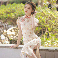 Cheongsam 2022ผู้หญิงสไตล์จีนแต่งตัวหรูหรายืนปกบางแขนสั้นชุดชีฟองดอกไม้หญิง vestidos