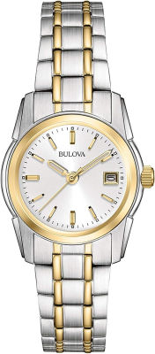 Bulova Ladies Classic Two-Tone Stainless Steel 3-Hand Calendar Date Quartz Watch, Silver-White Dial Style: 98M105