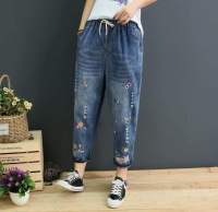 【มีไซส์ใหญ่】Plus Size Womens Spring Summer Blue Jeans Floral Embroidery 8/10 Denim Pants