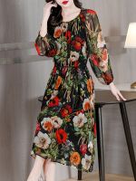 【YF】 Women Midi Floral Silk Boho Long Sleeve Dress 2023 Spring Summer Waist Elegant Fashion Chiffon Casual Beach Festa Luxo