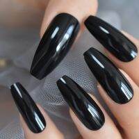 Extra Long Coffin Nails Black Shiny Fake Nail Long Ballerina Nails for Party Full Cover Artificial Tips with Glue sticker