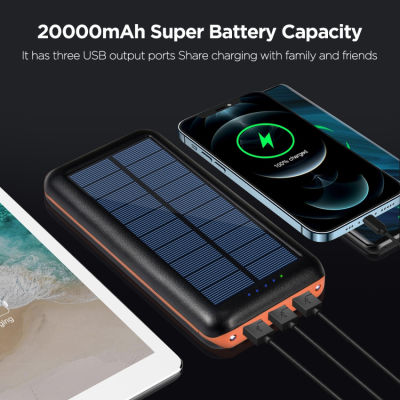 Solar Power Bank 20000 mAh, Solar Charger Outdoor USB C External Battery Power Bank Solar Cell with 3 Outputs Battery Pack Torch for Camping and Longer Trips