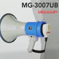 DECCON MG-3007UB โทรโข่งอัดเสียงได้ เสียงไซเรน พร้อมไมโครโฟน Megaphone  ไมโครโฟนในตัว พร้อมเสียงไซเรน  แบตเตอรี่ลิเที่ยม ชาร์ทไฟได้ บันทึกเสียงได้ 20 วินาที มีช่องเสียบ USB / SD Card / AUX รับสัญญาณ Bluetooth ได้ ขนาดฮอร์น เส้นผ่าศูนย์กลาง 9 นิ้ว กำลังไฟ