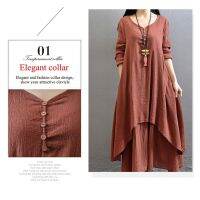 Long Sleeve Cotton Linen Casual Dress Comfortable Cool Breathable Elegant Hide Fat Round Collar Simple Cuff Big Pocket Long Dress