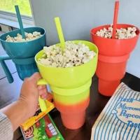 2 In 1 Snackies Cup Top Snack Bowl on Drink Cups Portable Splash Proof Leakproof Popcorn Stadium Tumbler with Straw Cinema Trip