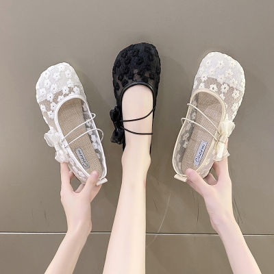 Fairy style bow tie lace single shoe womens 2023 summer and autumn new comfortable, soft, breathable mesh flat bottomed bean shoes