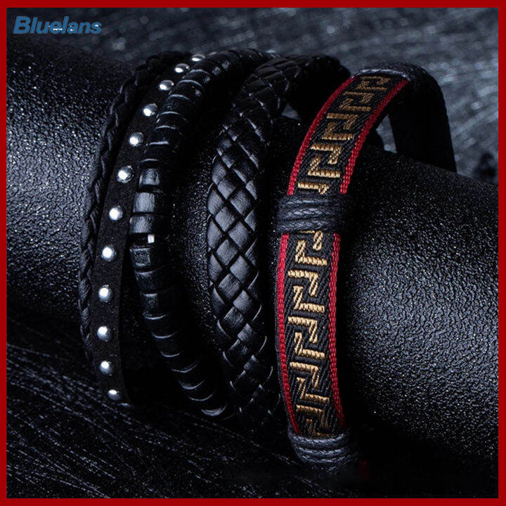 bluelans-4ชิ้น-เซ็ต-unisex-multi-layer-หนังเทียมถักเครื่องประดับสร้อยข้อมือกำไลของขวัญ