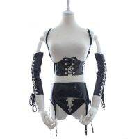 Sexy PVC Leather Mistress Costume Set Wet Look Under Bust Corset Waist Cincher Garter Belt Gloves Fetish Lingerie