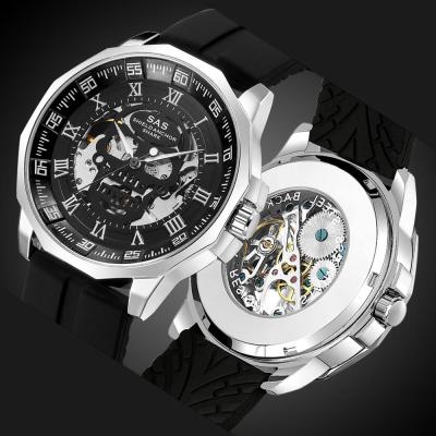 นาฬิกาสุดหรูยี่ห้อ SAS Steampunk Skull Mechanical Hollow Watches สายสแตนเลสแฟชั่นของผู้ชายนาฬิกาข้อมือซิลิกอนแบบคลาสสิค3D โรมันลำลองส่องสว่างแบบลำลอง (หน้าปัดสีขาวพร้อมสีเงิน)